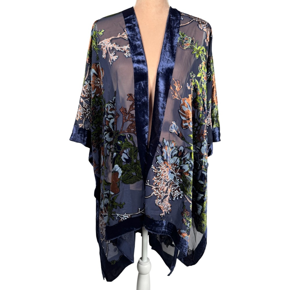 Natural‎ Life Velvet Burnout Floral Semi Sheer Kimono Duster O/S Whimsy Goth NEW